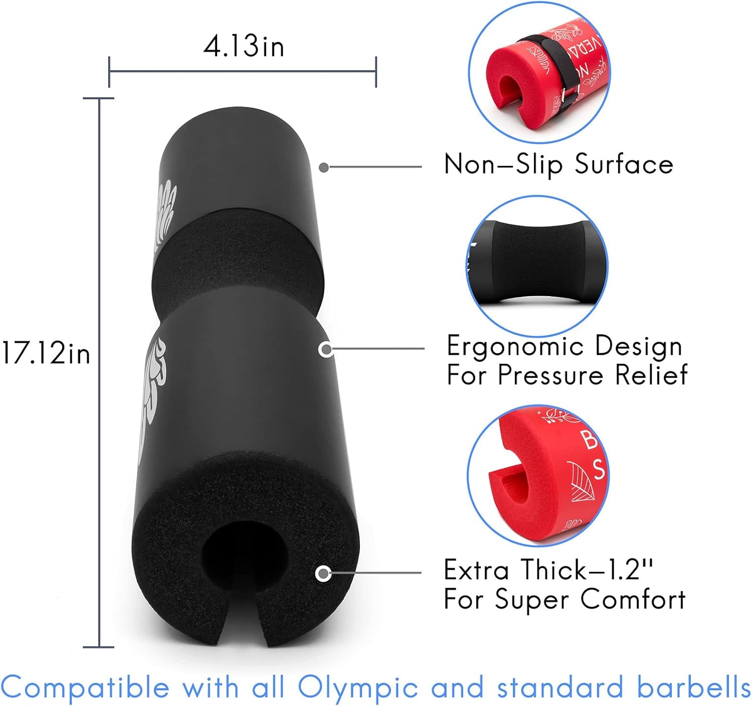 Squat Pad Barbell Pad for Hip Thrust, Shoulder&Neck Support Weight Bar Pad for Olympic or Standard Bars with Straps